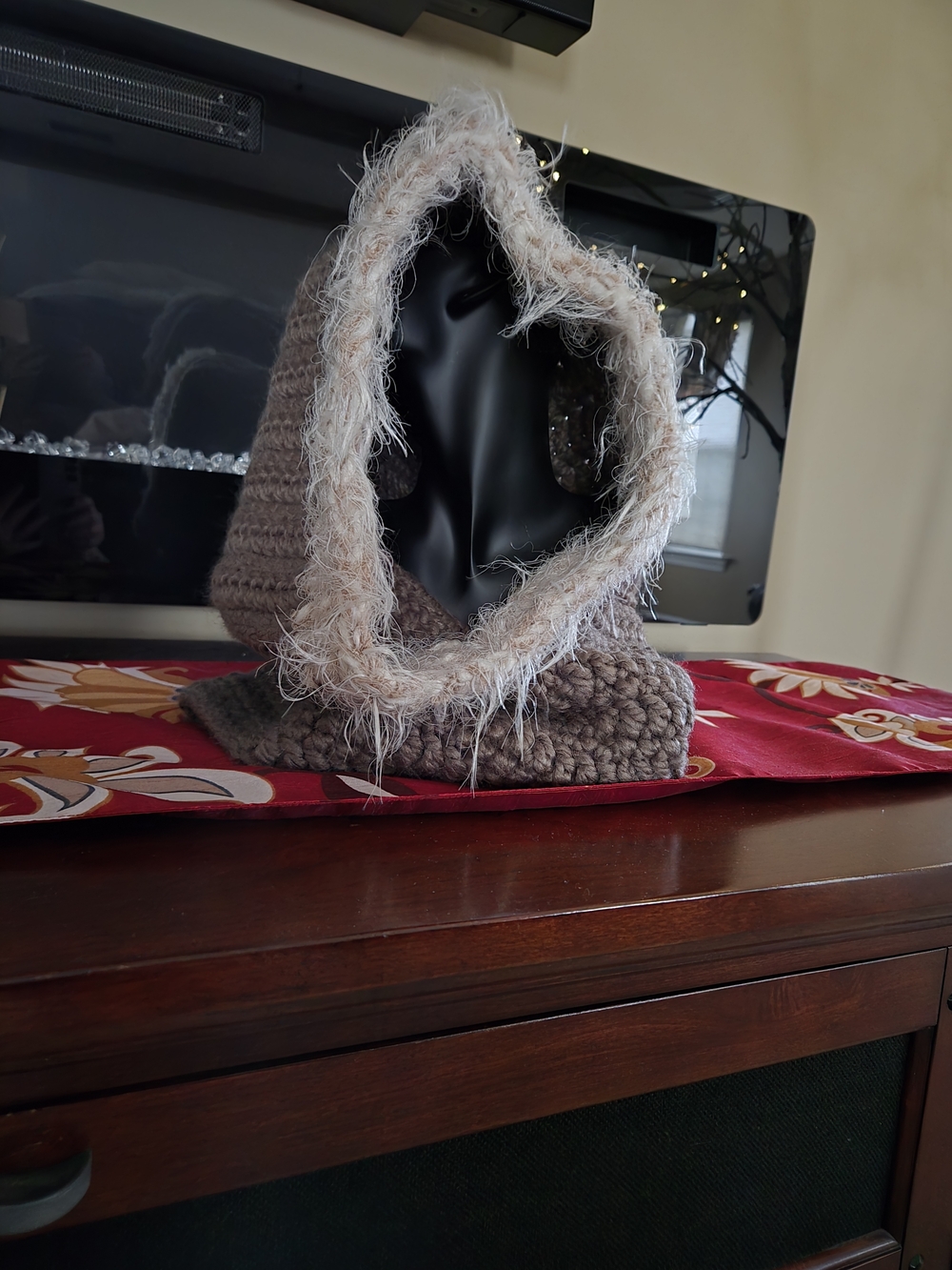 Handmade Chunky Knit Hooded Scarf with Faux Fur Trim | Brown & Cream Scoodie